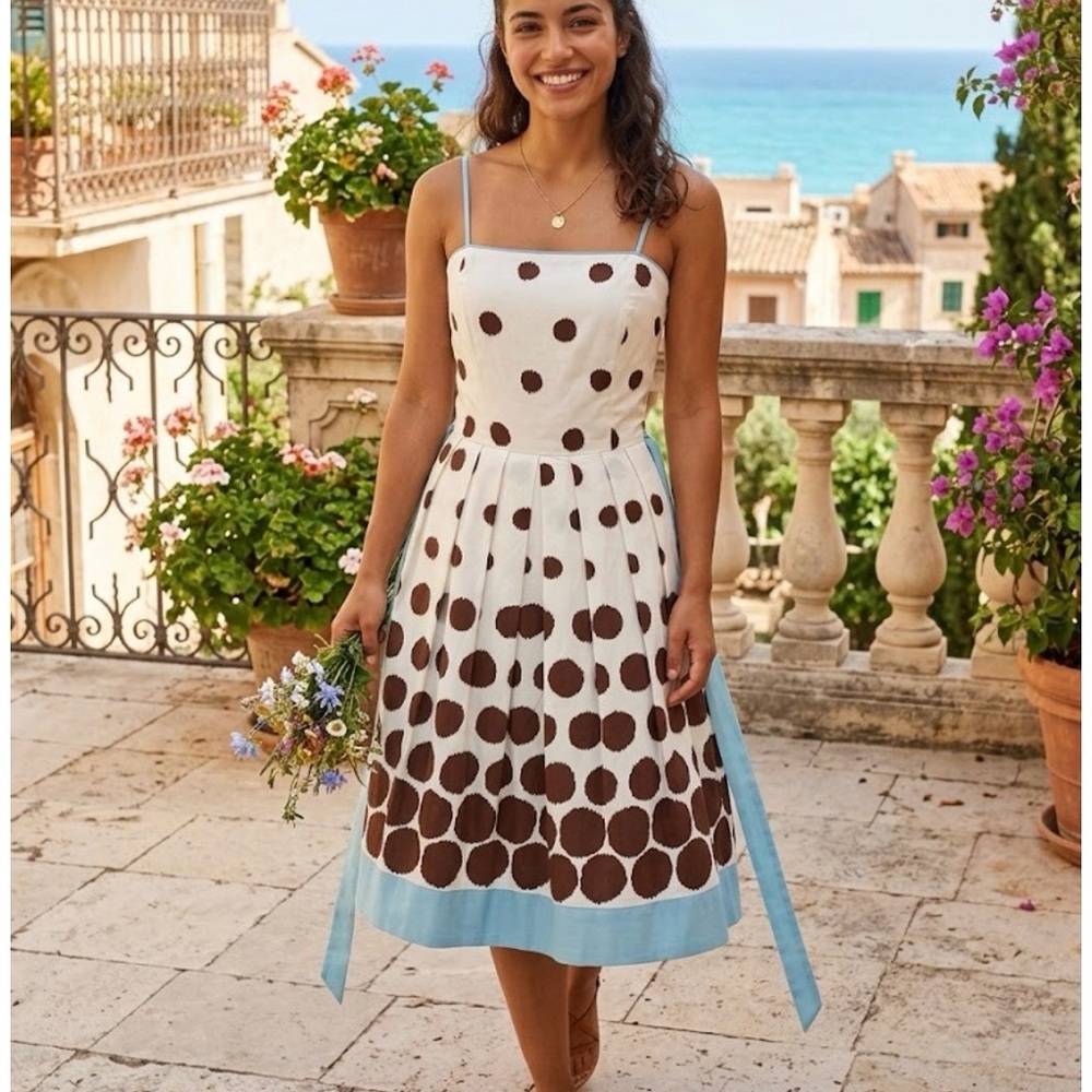 Willow Glenn Women’s Cream Polka Dot Midi Dress with Light Blue Trim